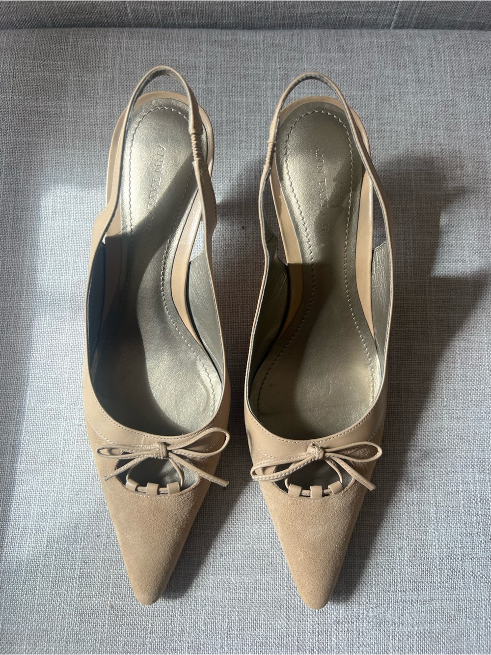 Ann Taylor tan leather kitten heels, women’s 6.5, office dressy bow detail